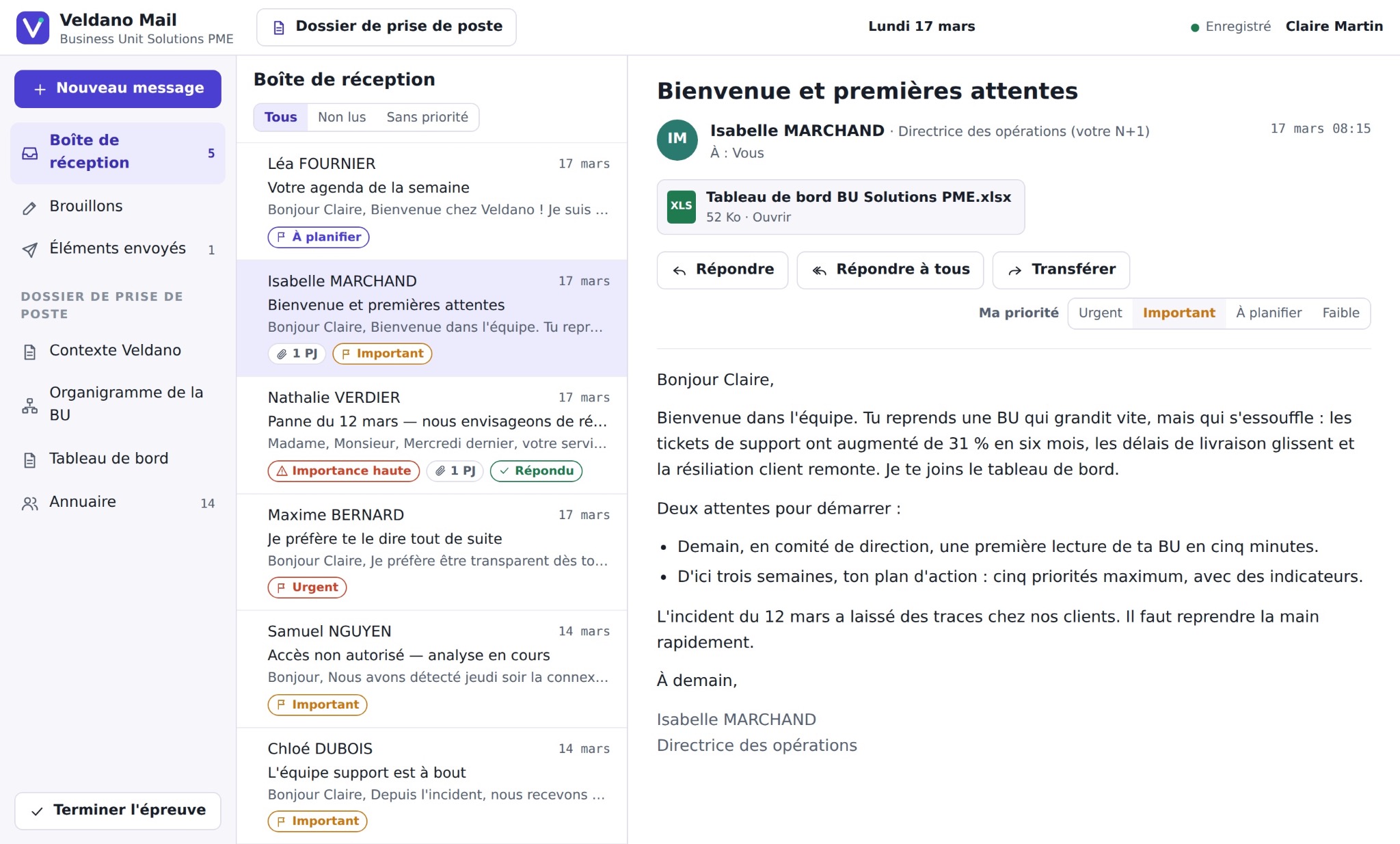 Capture d’écran de la boîte mail fictive Veldano : messages à prioriser lors de la prise de poste à la direction d’une business unit